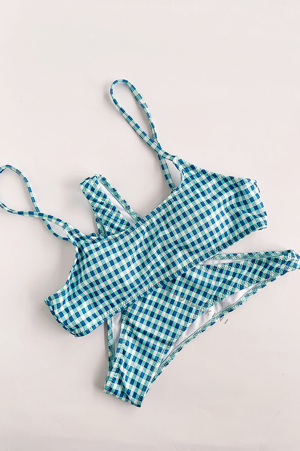 Blue Check Textured Scoop Crop Bikini Top