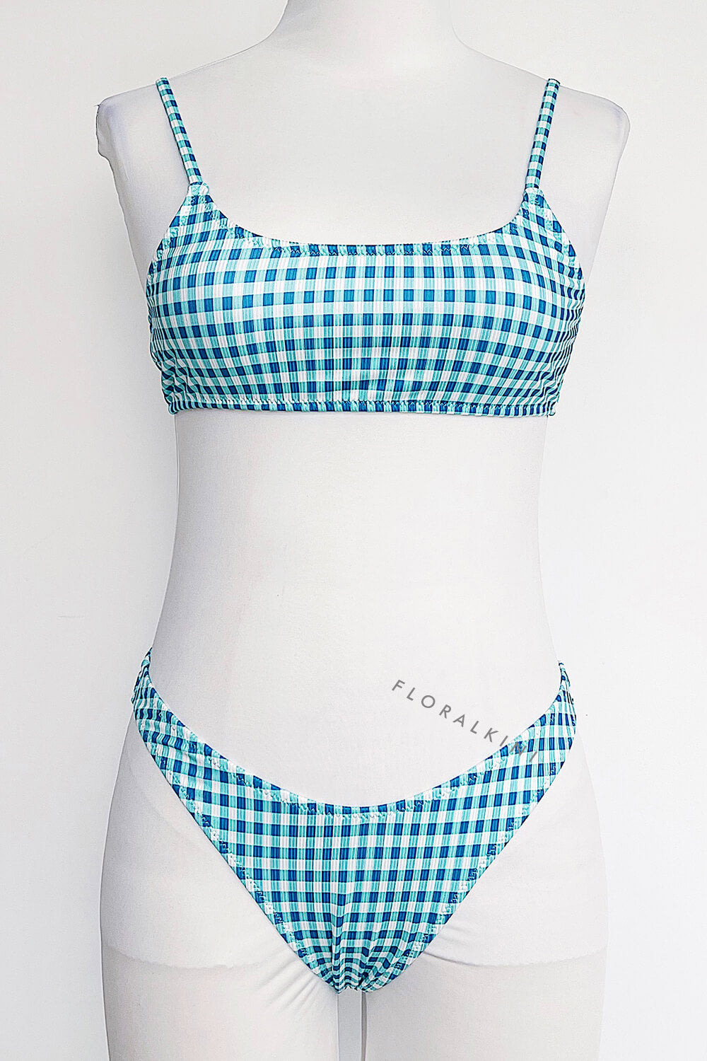 Blue Check Textured Scoop Crop Bikini Top