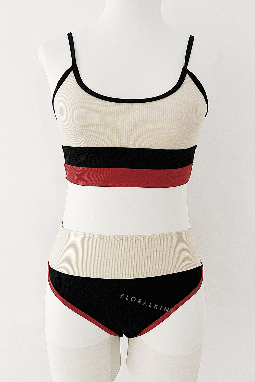 Cream And Red Striped High Waisted Bikini Bottom