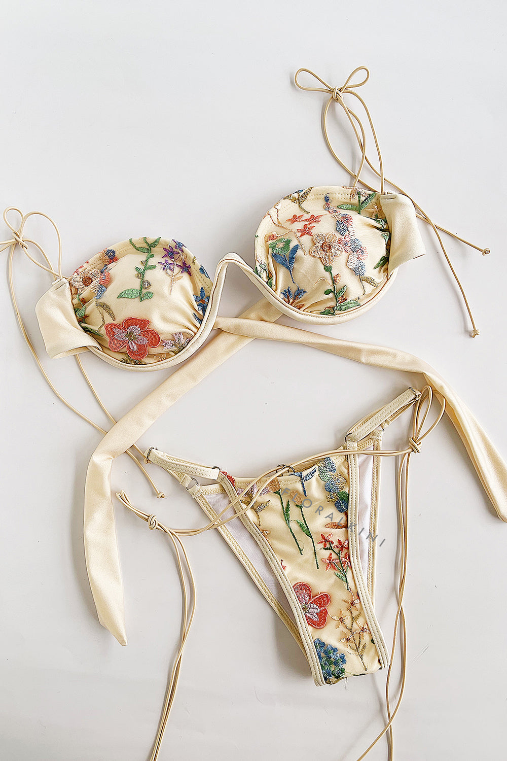 Floral Embroidery Balconette Underwire Tie Side Bikini Set