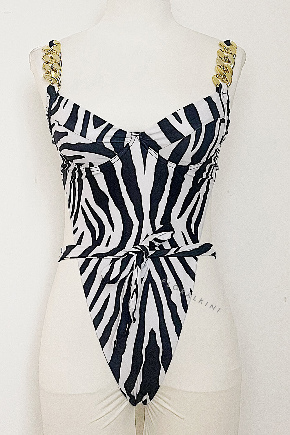 Zebra Print Underwire Wrap Around Gold Chain One Piece Swimsuit