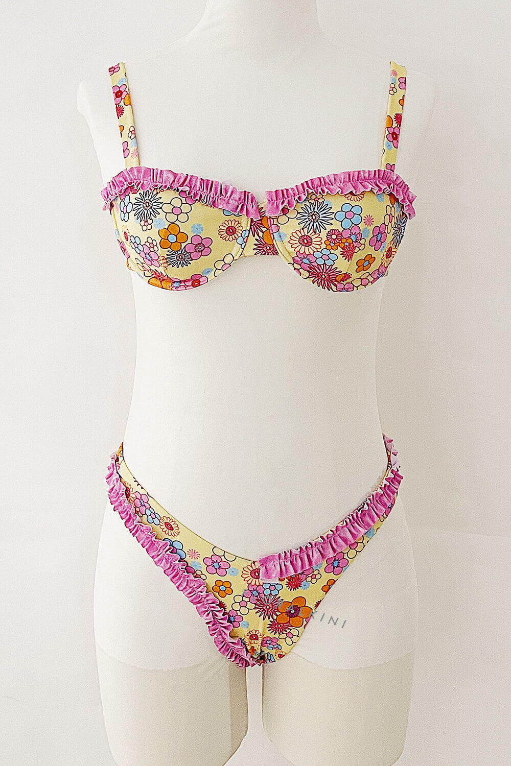 Yellow Floral Ruffled V Cut Bikini Bottoms