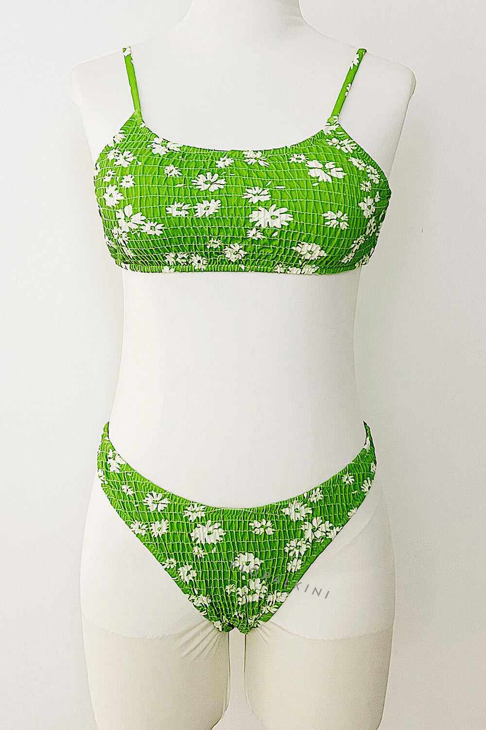 Pale Green Floral Ruched High Leg Bikini Bottom