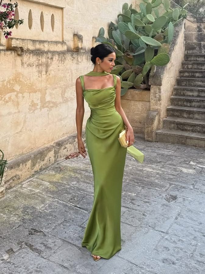 Pleated Sling Scarf Maxi Dress