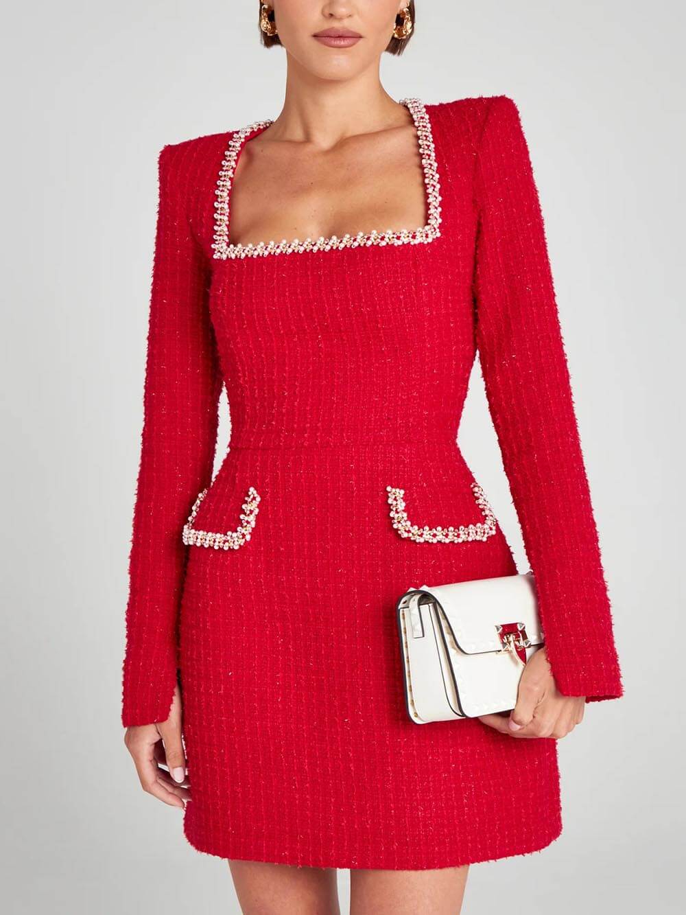 Exquisites Minikleid mit Perlenbesatz, Schlitzärmeln und Tasche für Mädchen