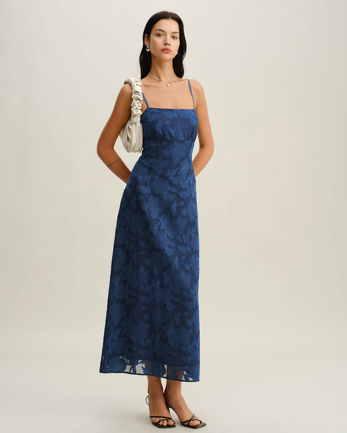 Jerely-Navy Jacquard Slip Backless Maxi Dress