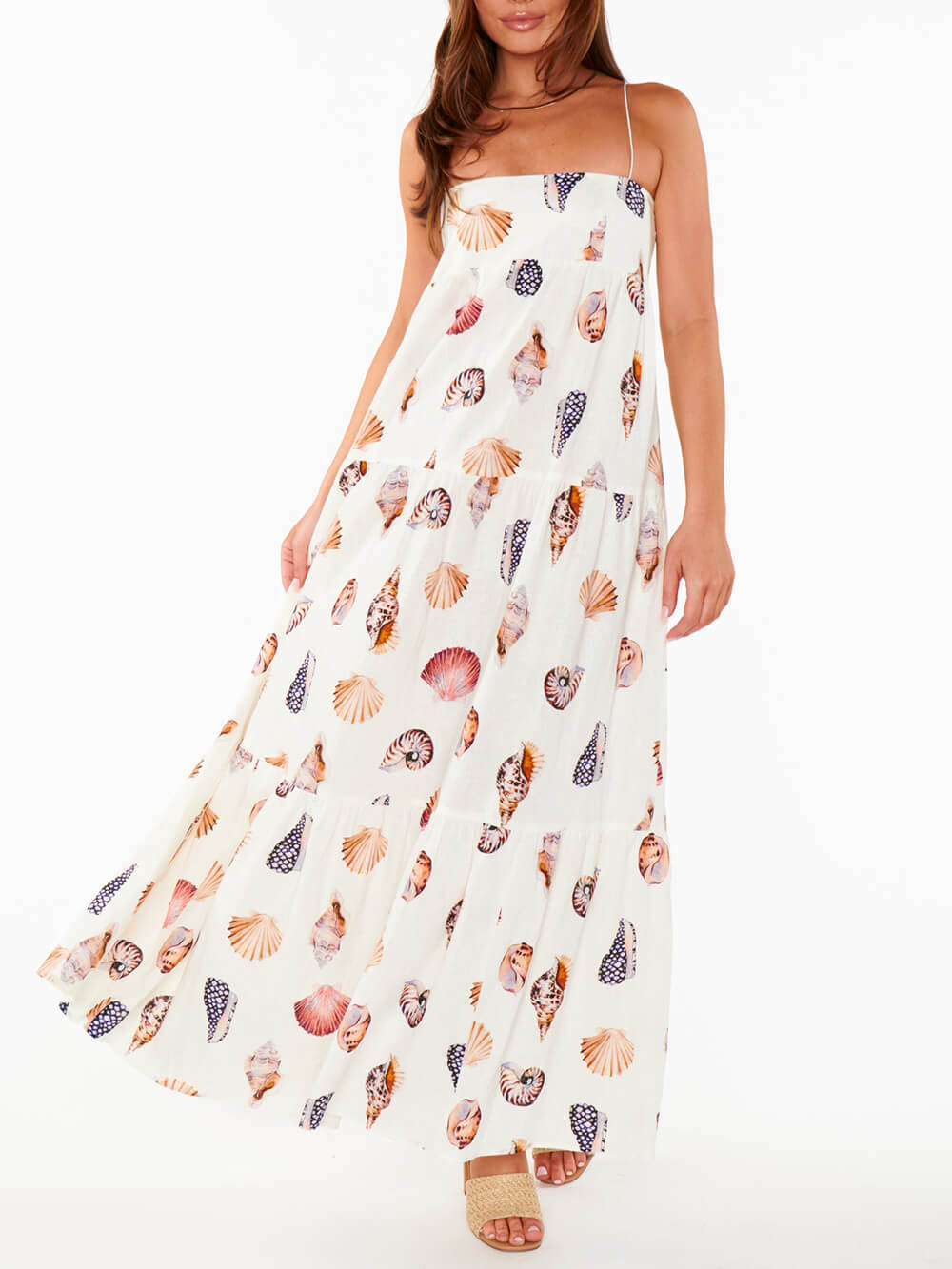 Robe longue légère à imprimé coquillage et poches plissées