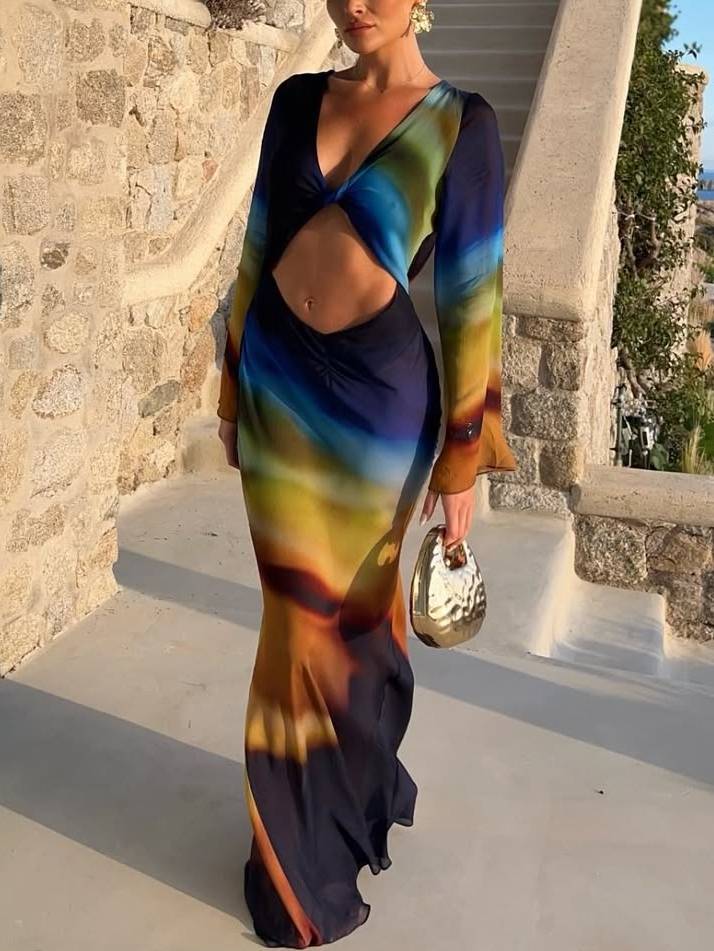 Vacation Style Gradient Color See-through Hollow Maxi Dress