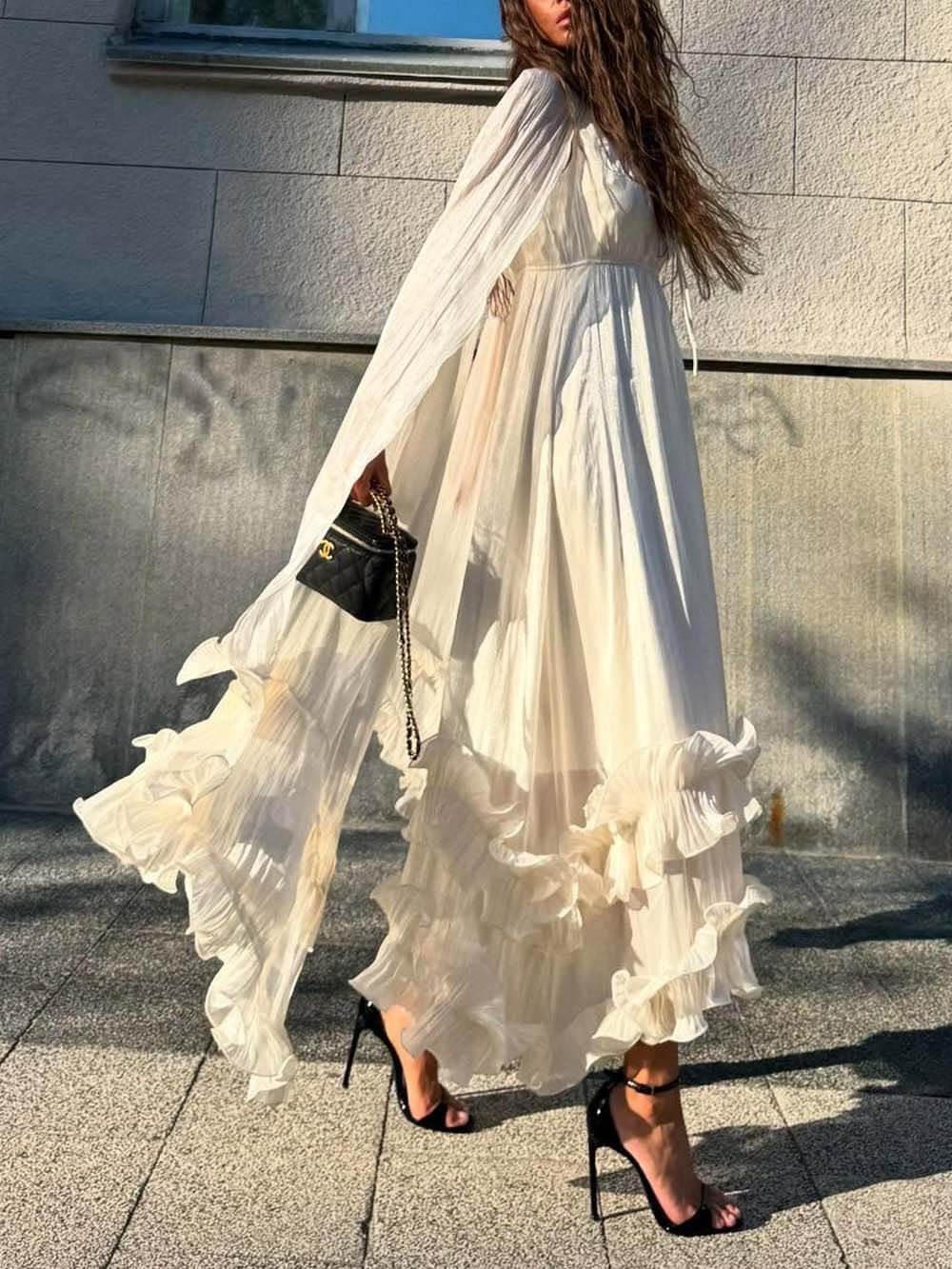 Exquisites, modisches Maxikleid mit V-Ausschnitt, Schnürung und Rüschen und doppellagigem Saum