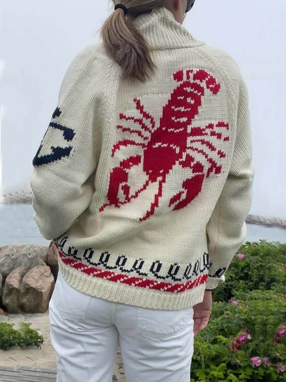 Cardigan en tricot décontracté à manches longues et imprimé homard unique et tendance