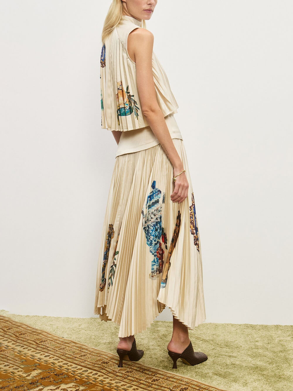 Retro Printed Ruched Patchwork Asymmetric Pleated Skirt