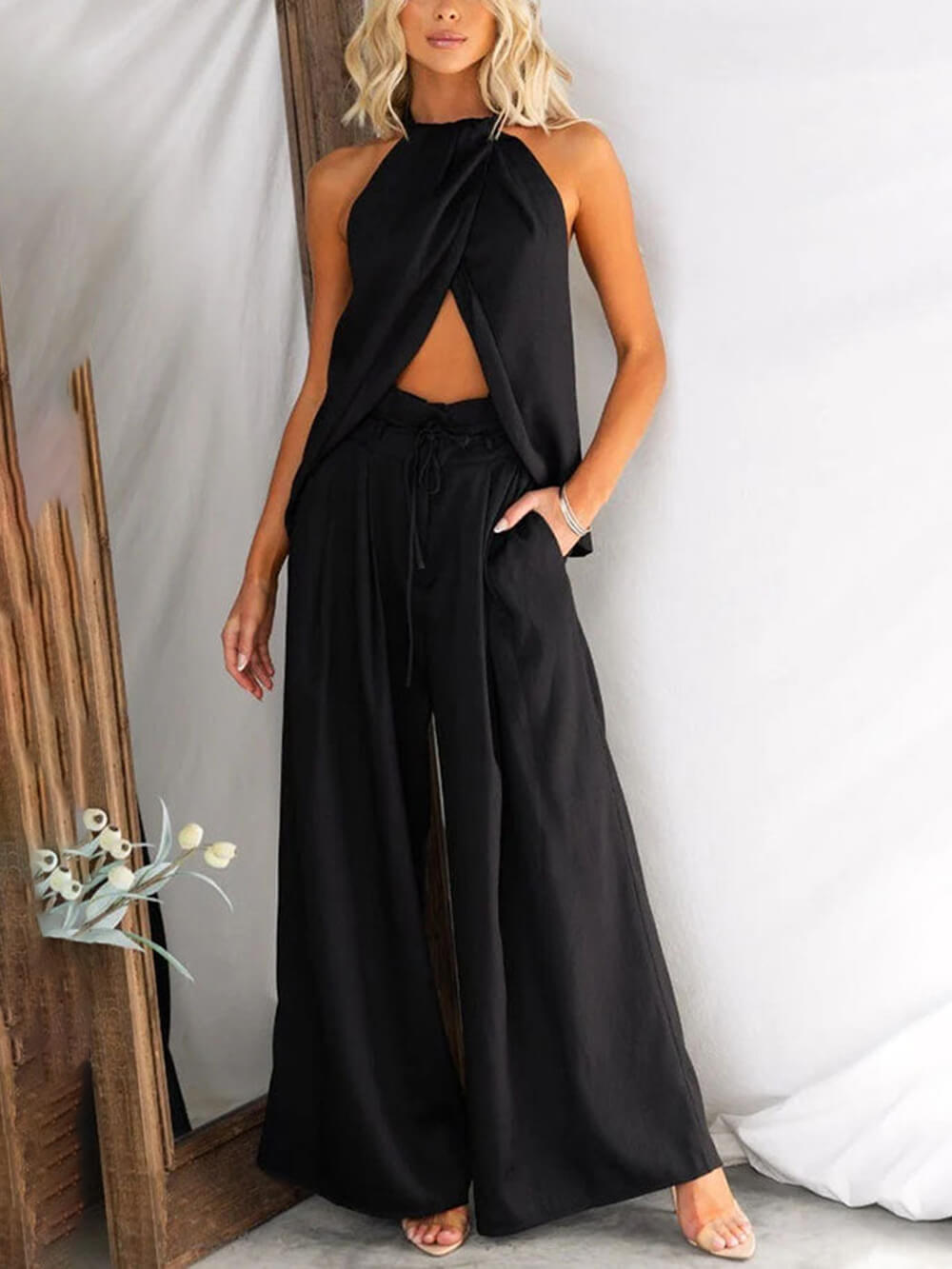 Unique Gette – Set aus Oberteil aus Leinenmischung mit Schlitz vorne und hoch sitzender Hose mit Knotentasche und weitem Bein