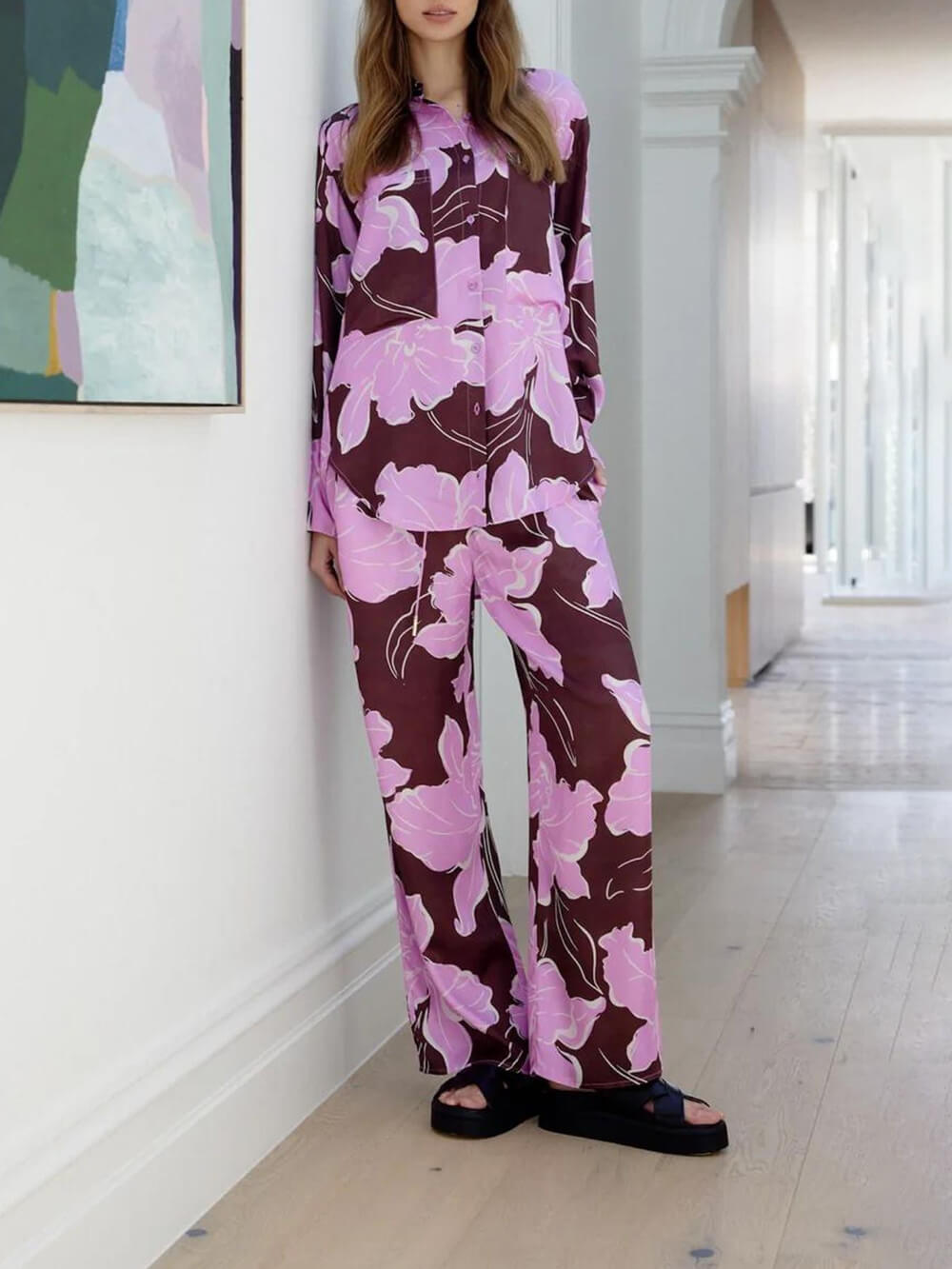 Casual Magnolia Print Elastic Waist Tie-Pocket Straight Pants