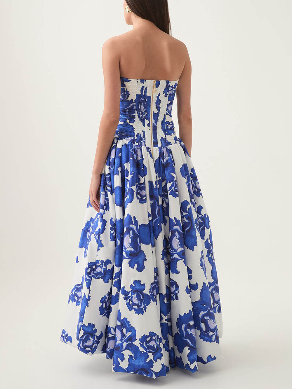 Elegance Perfect Moment – ​​Schulterfreies Maxikleid mit Blumenmuster, gerüschtem Oberteil und drapiertem Ballonsaum