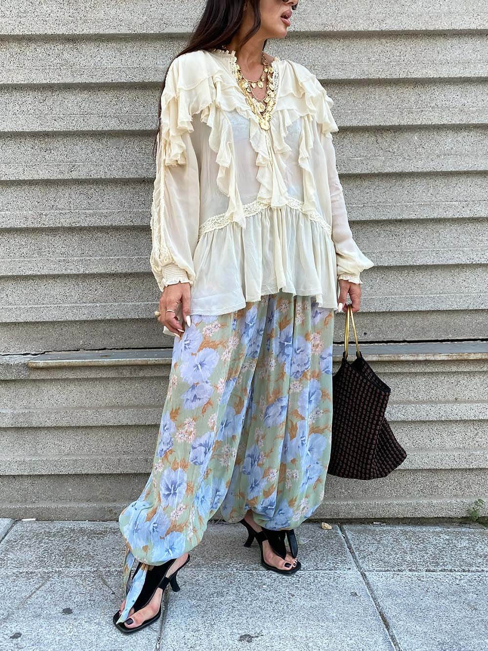 Pantalon boho en mousseline de soie à imprimé floral, taille élastique, ourlet noué
