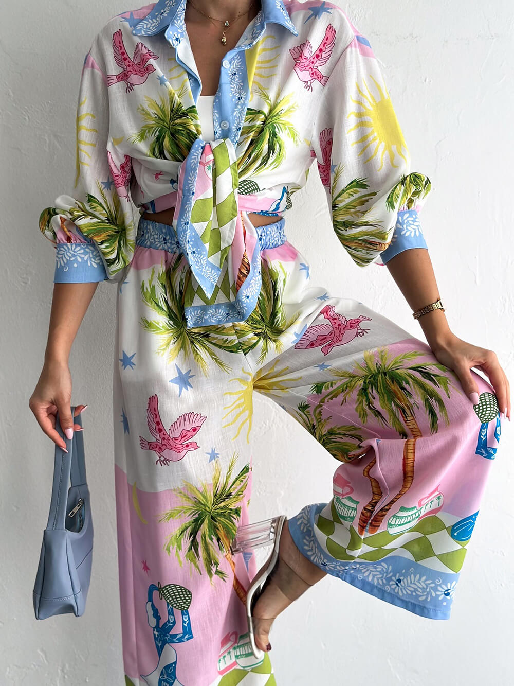 Chemise ample boutonnée surdimensionnée à imprimé palmiers en bord de mer
