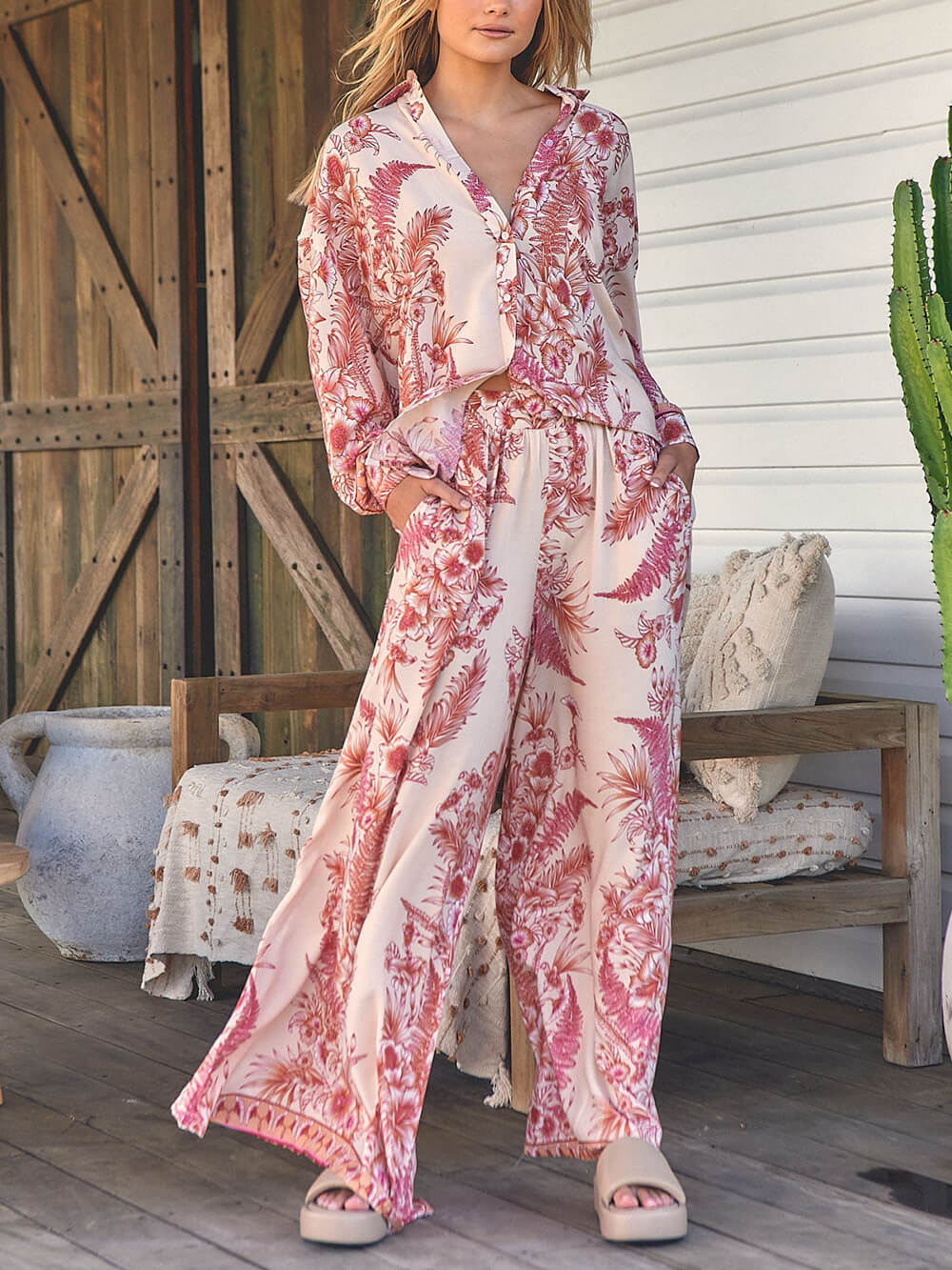 Warme, lässige Hose mit weitem Bein und Blumenmuster im Urlaubsstil mit elastischer Taille