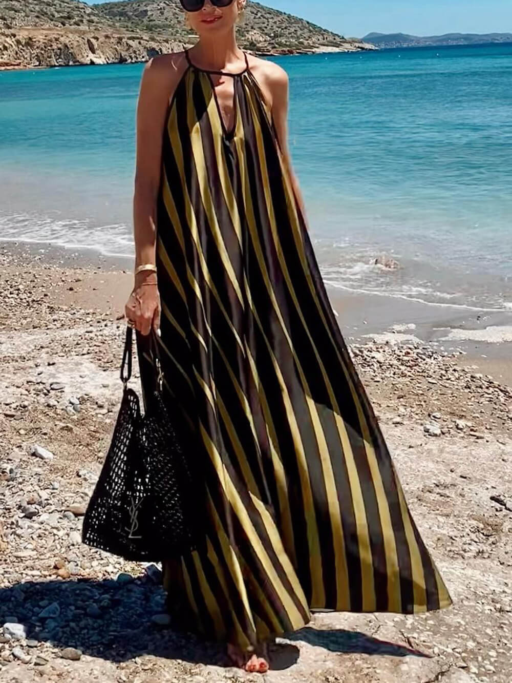 Lässiges Maxikleid mit Kontraststreifen-Print und Schnürung für den Urlaub