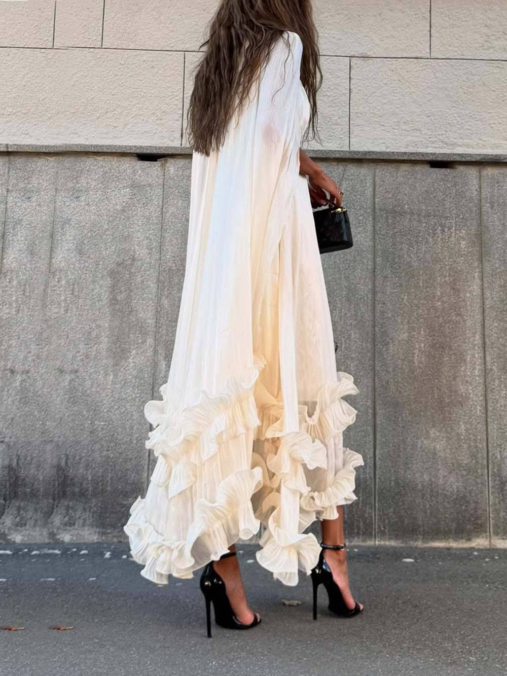 Exquisite Fashionable V-neck Lace-up Ruffled Double-layer Hem Maxi Dress
