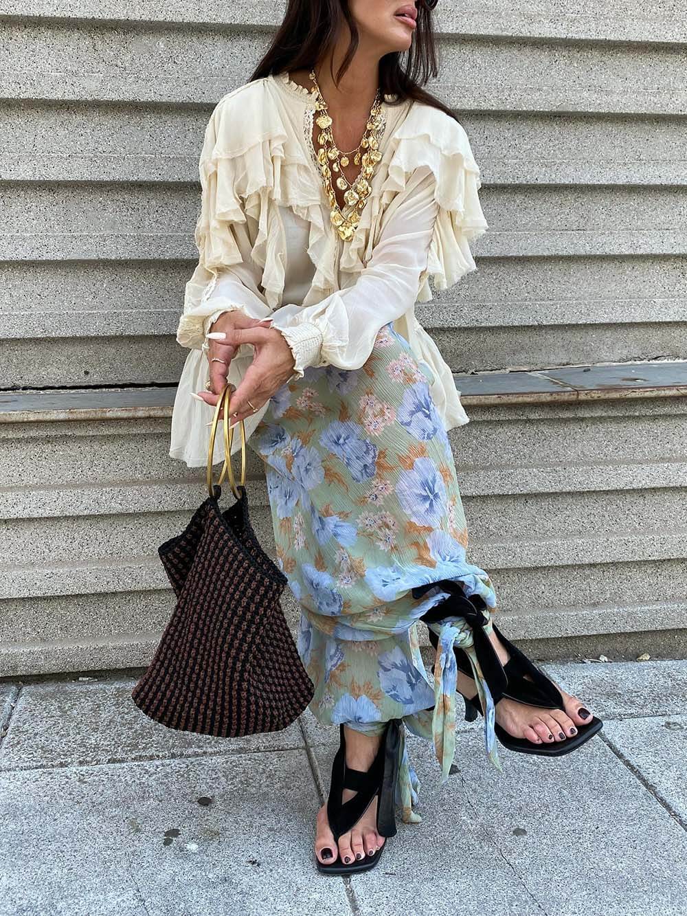 Pantalon boho en mousseline de soie à imprimé floral, taille élastique, ourlet noué