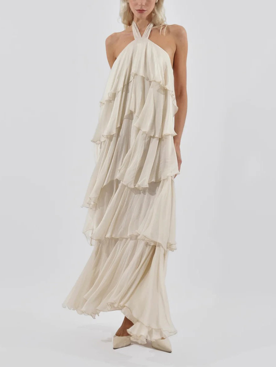 Elegant Halterneck Ruffled Tiered Maxi Dress
