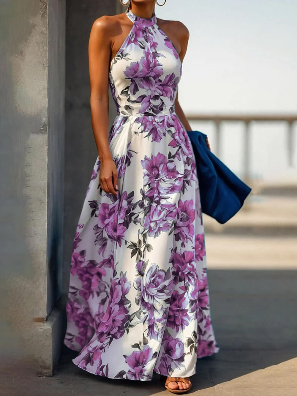 Elegant Floral Print Halter Neck Holiday Style Slim Maxi Dress