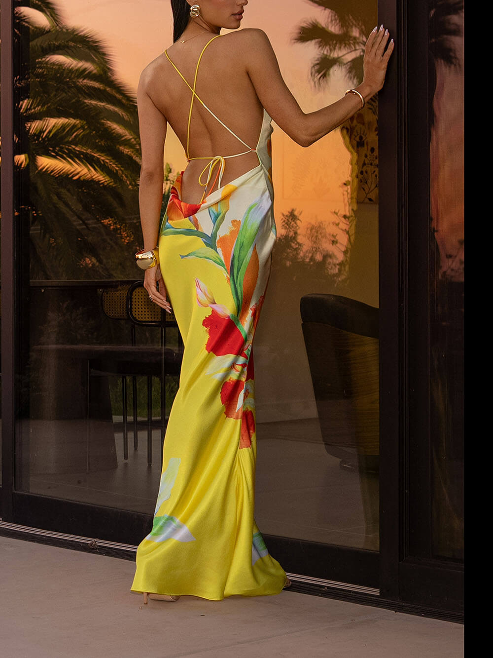 Elegant Satin Floral Print Cowl Neck Sexy Open Back Tie-up Maxi Dress