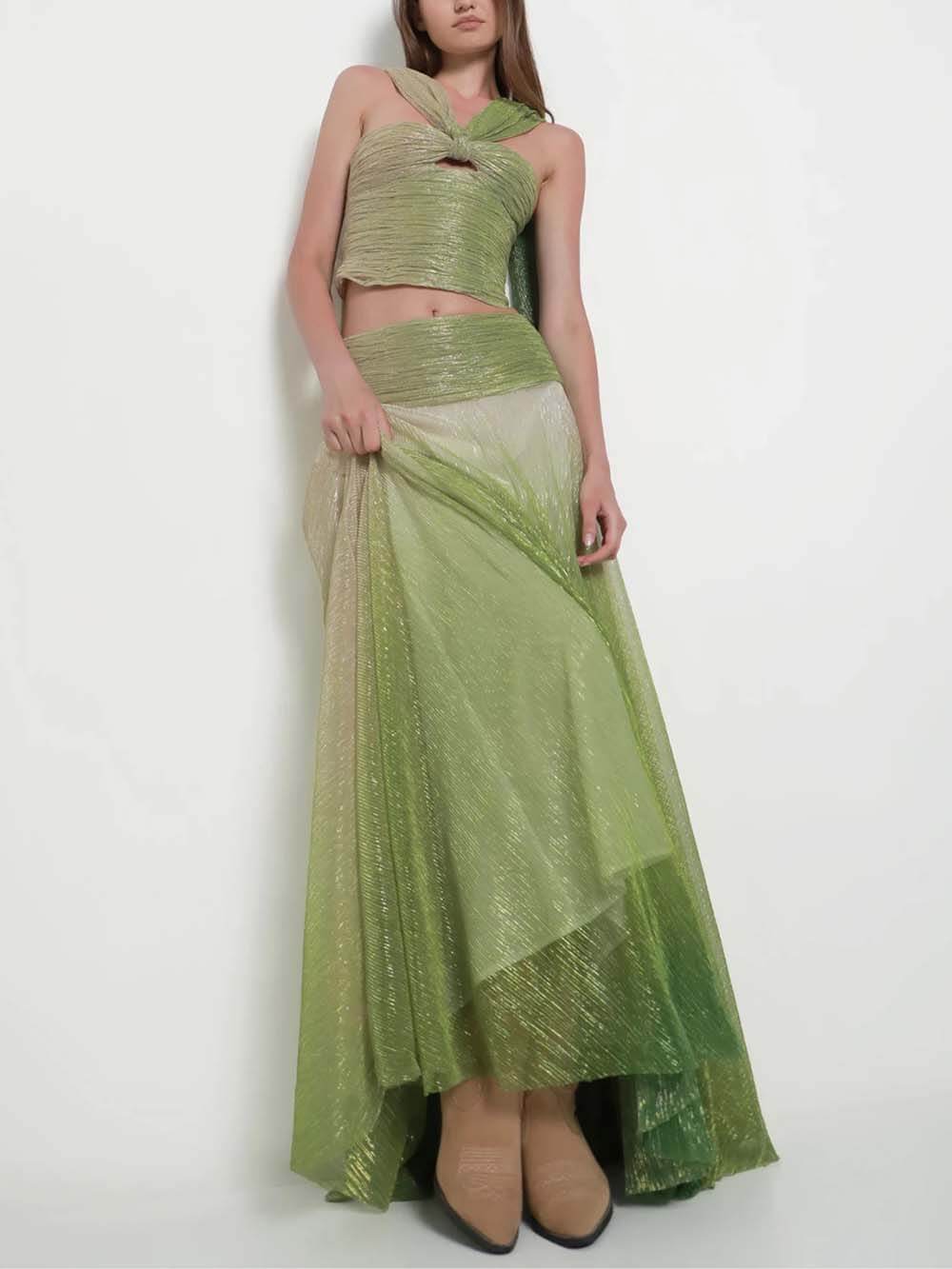 Elegantes Set aus One-Shoulder-Cutout-Top mit Ombre-Print und hoch tailliertem A-Linien-Rock