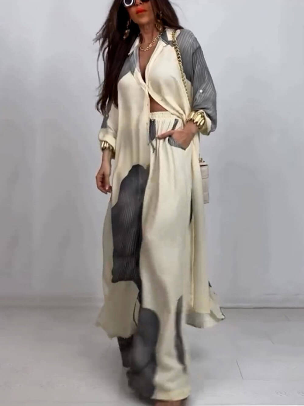 Elegantes, lockeres, bedrucktes Midi-Oberteil mit weitem Bein und Hose