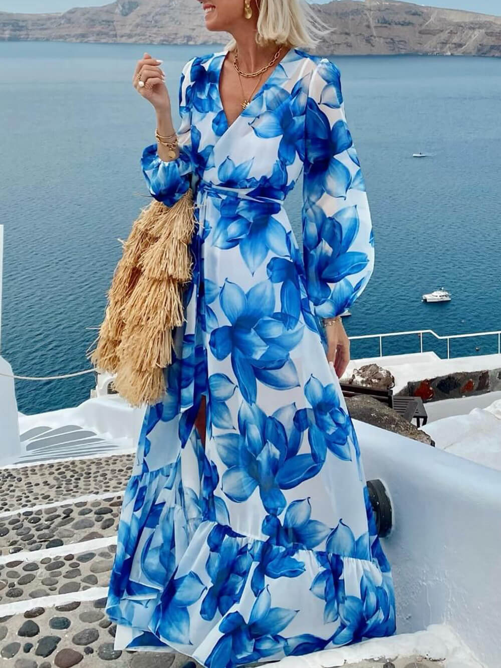 Elegant Floral Print Tie-Front Lantern Sleeve Vacation Maxi Dress