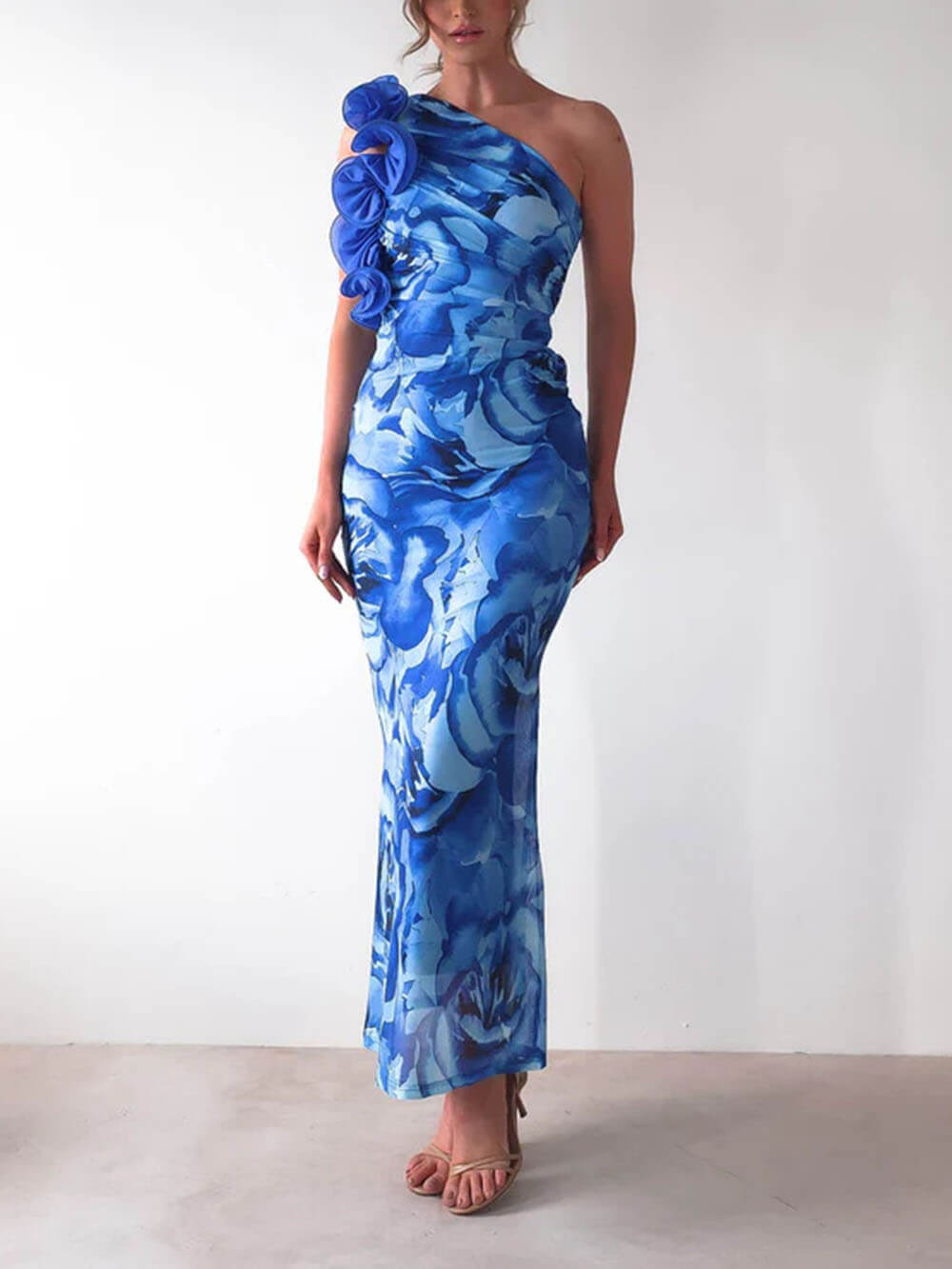 Robe de soirée moulante sexy et élégante sans manches à imprimé floral tridimensionnel