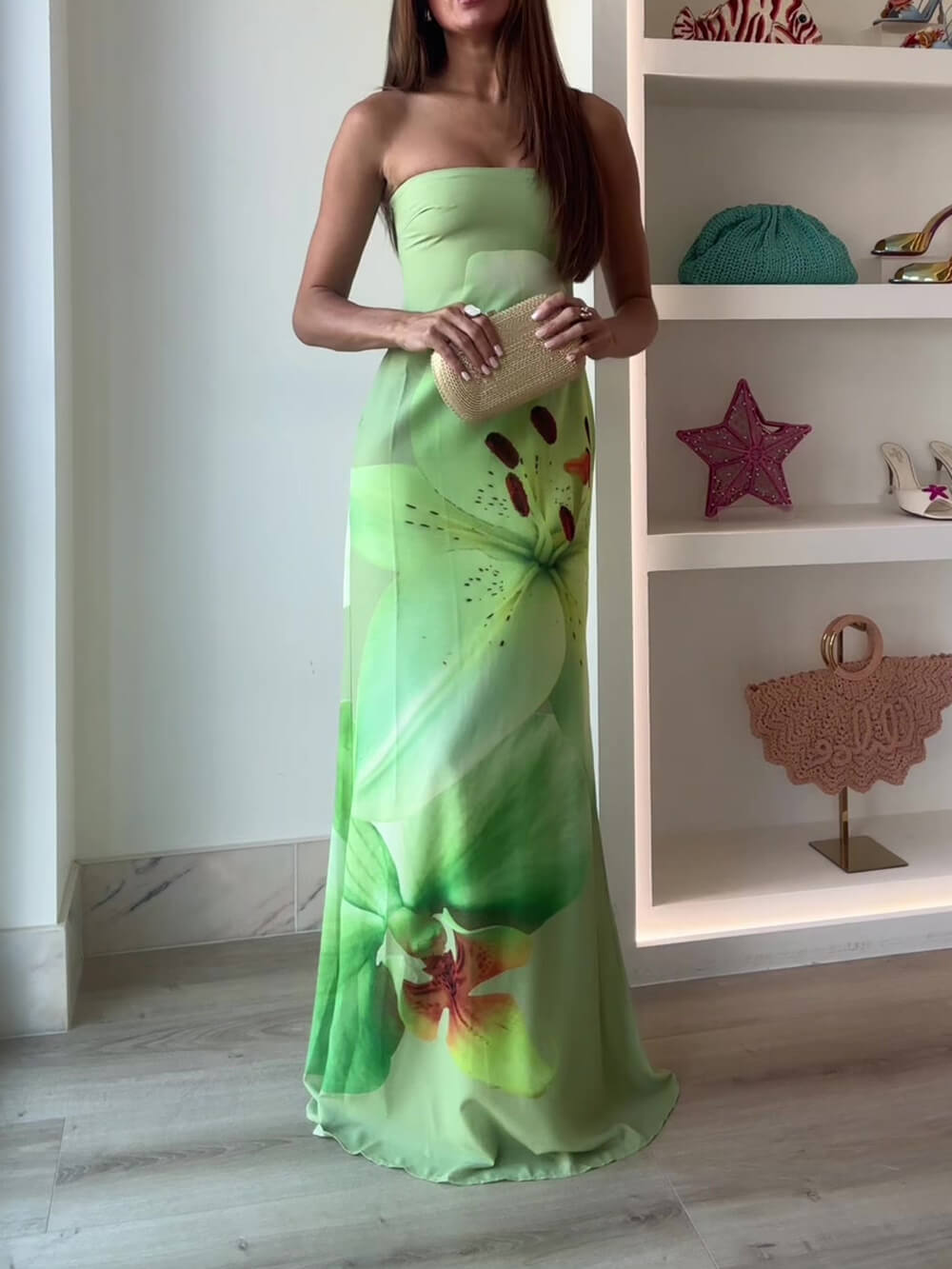 Elegant Satin Unique Floral Print Off Shoulder Maxi Dress