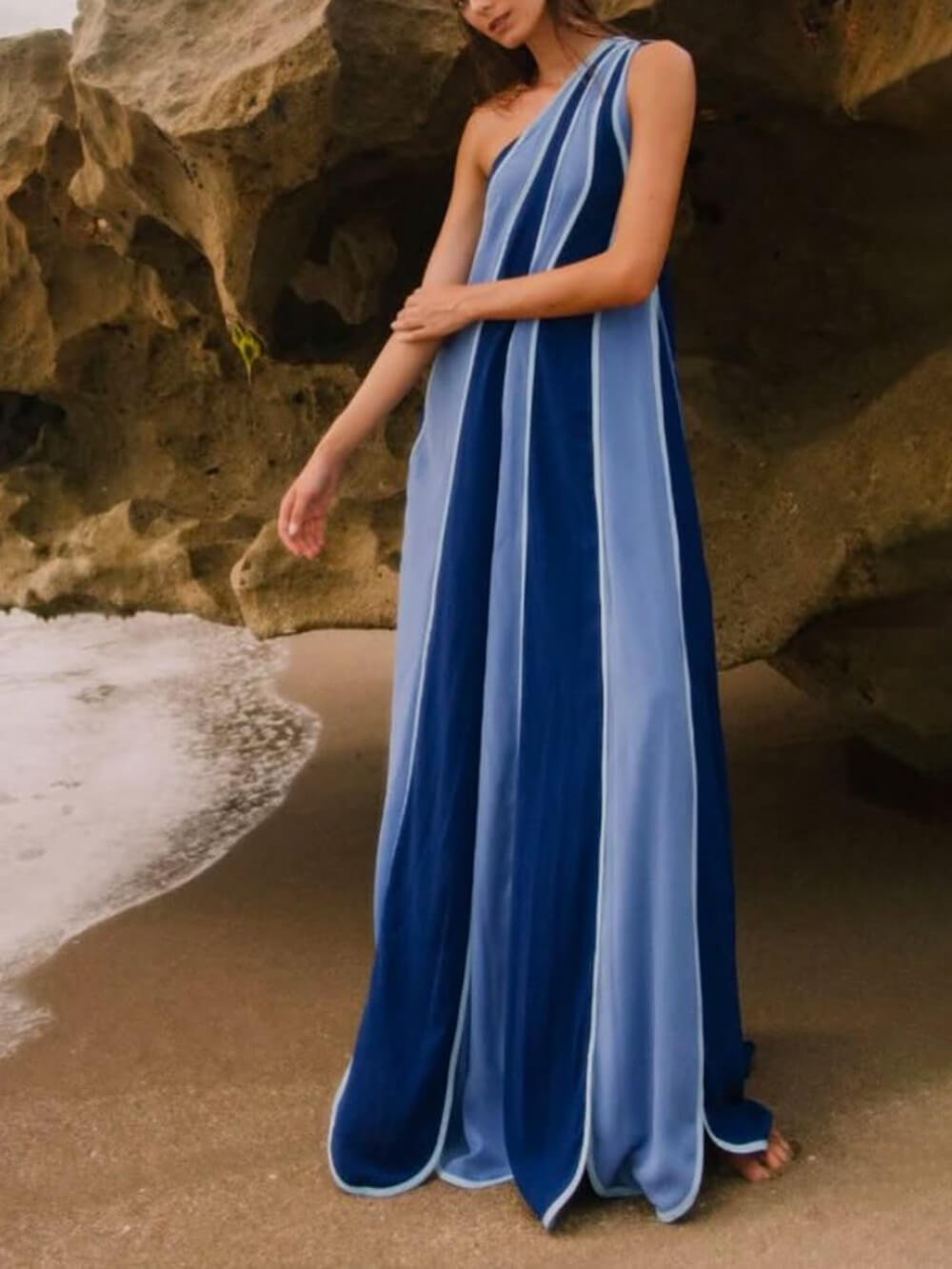 Elegant Classic Striped Patchwork One-Shoulder Maxi Dress