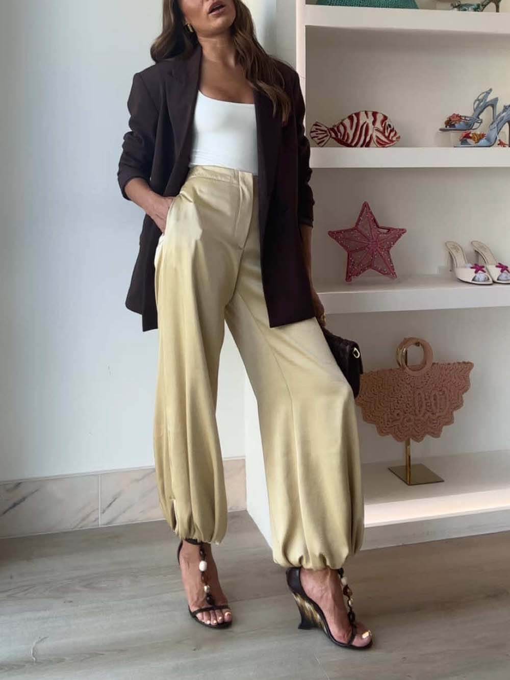 Lässige Retro-Ballonhose aus Satin mit hoher Taille und Taschen