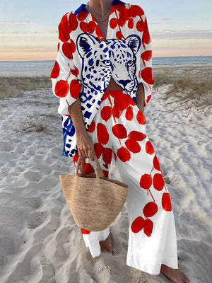 Einzigartiges Set aus übergroßem Hemd mit Punktemuster und Leopardenmuster und Hosen mit elastischer Taille und Taschen