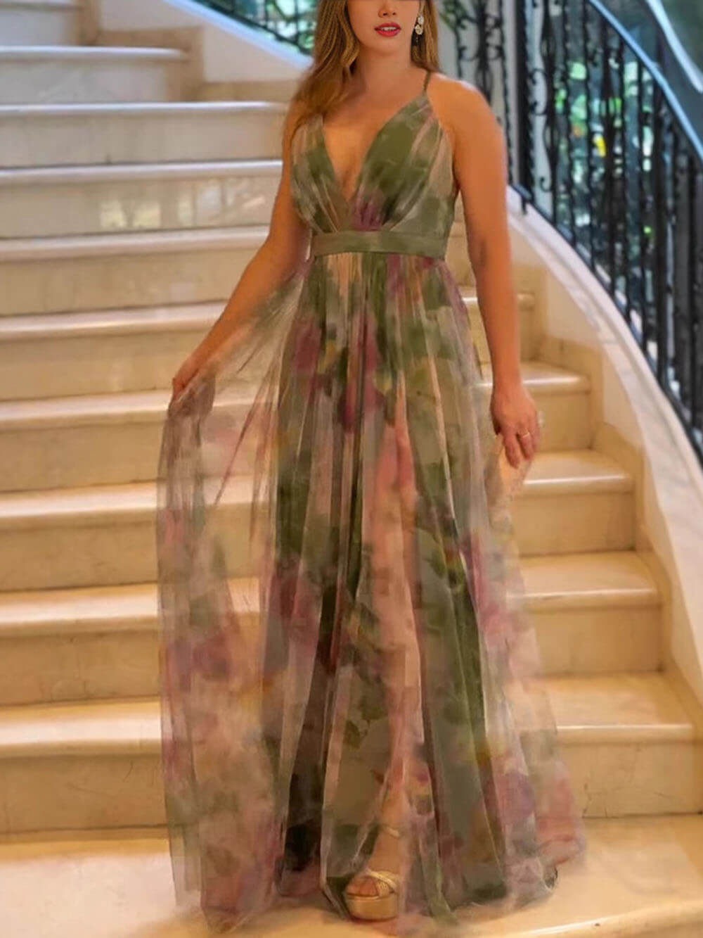 Elegant Casual Mesh Print Suspender Wide Swing Maxi Dress