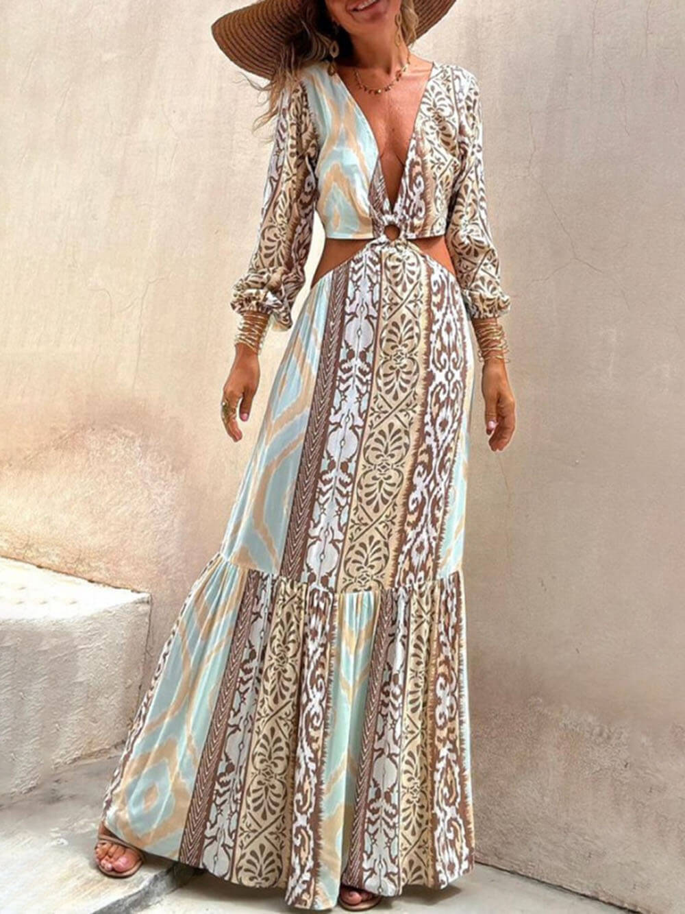 Robe unique à imprimé creux, col en V et ceinture nouée