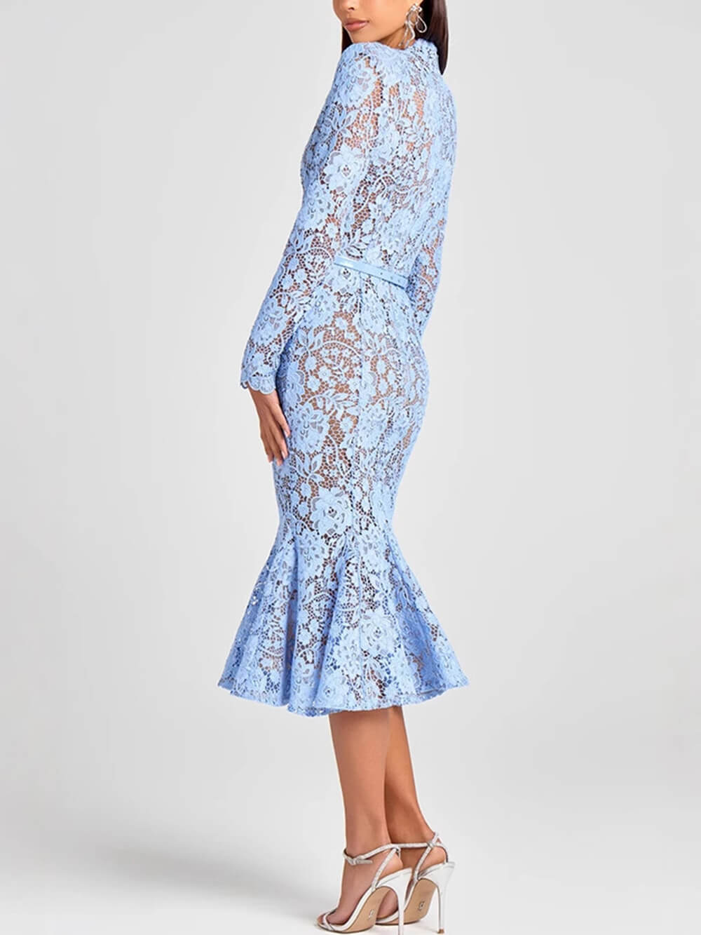 Elegantes langärmliges Meerjungfrau-Midikleid mit Spitzengürtel