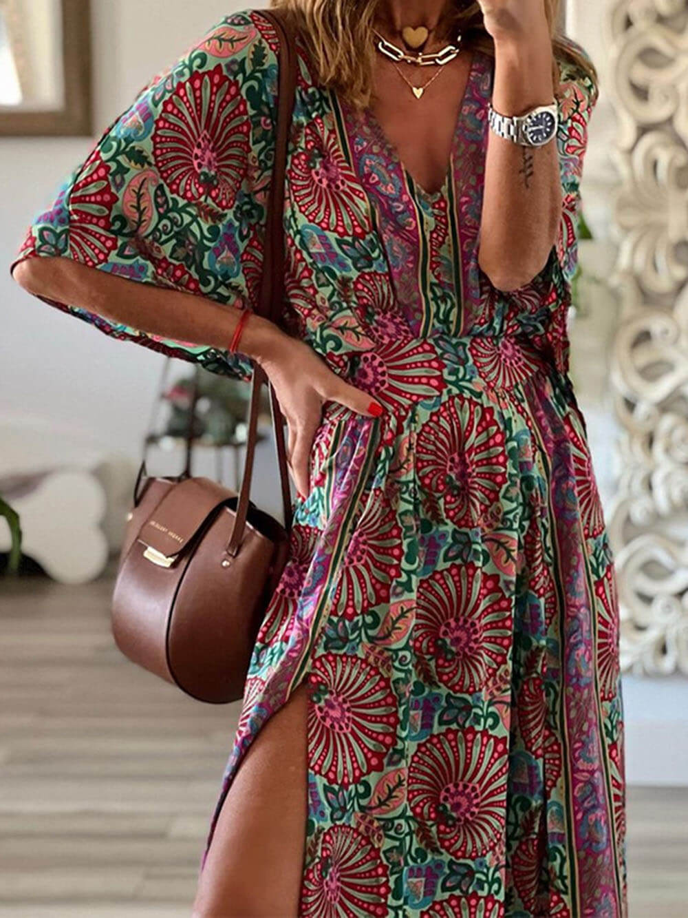 Robe longue ample à imprimé bohème et col en V