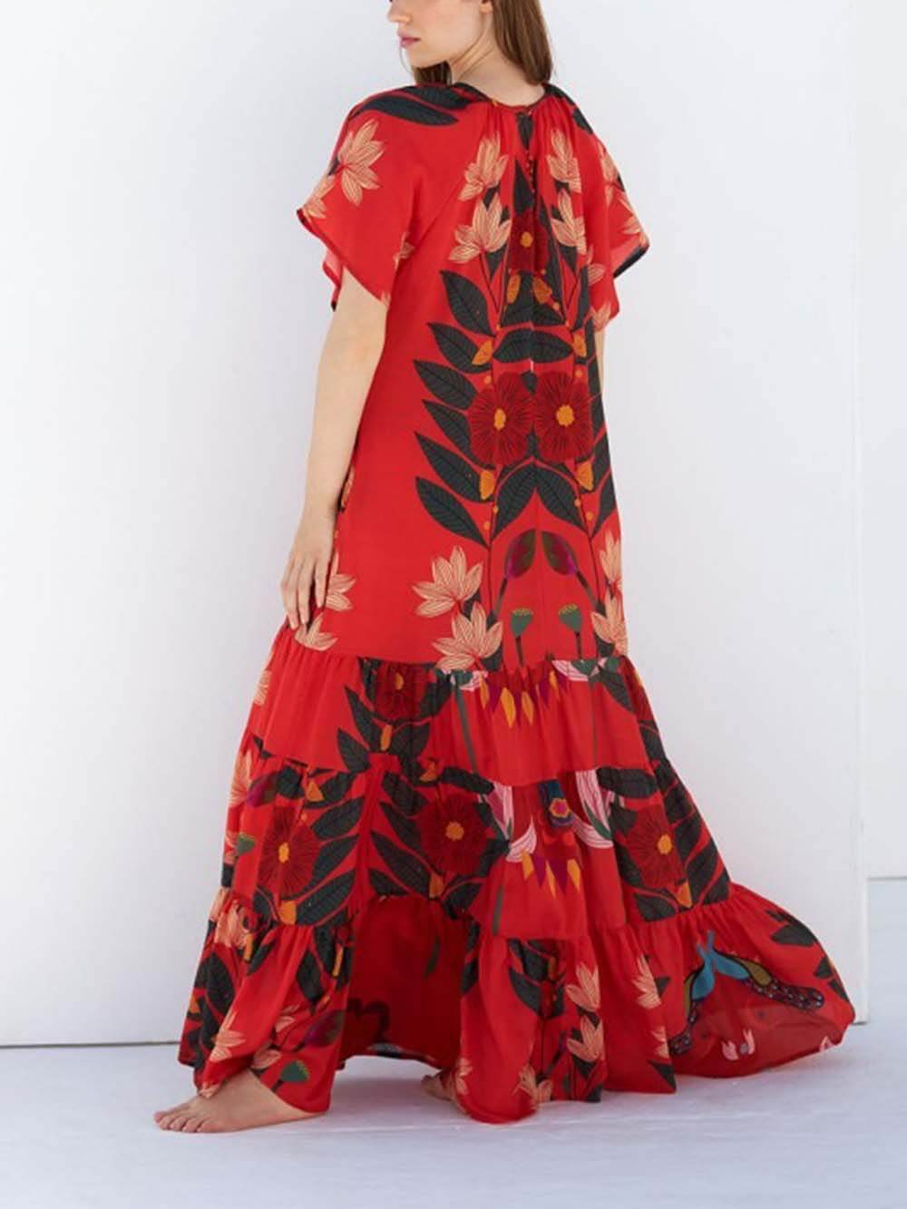 Robe longue à manches courtes et épaules tombantes à imprimé floral unique