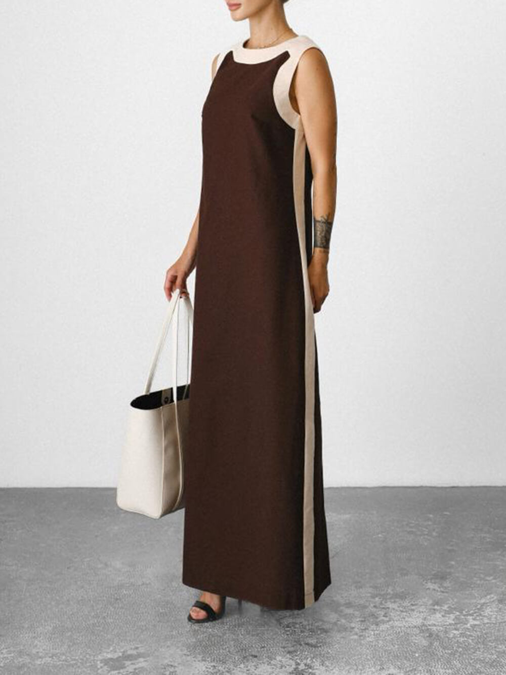 Robe longue en lin à ceinture et blocs de couleurs rétro unique