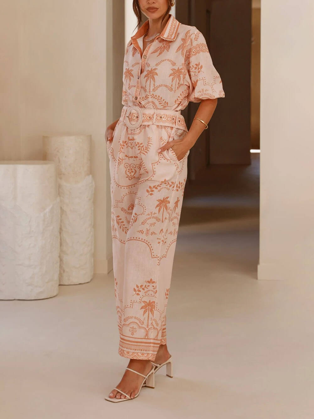 Ensemble haut à manches courtes en lin imprimé, style décontracté, avec ceinture et pantalon droit