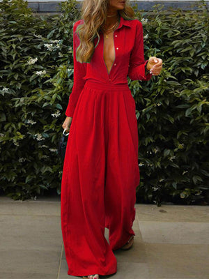 Ensemble chemise boutonnée de couleur unie et pantalon large à taille élastique, élégant et tendance