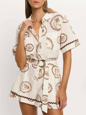 Combinaison cardigan élégante à lacets en lin imprimé coquillages