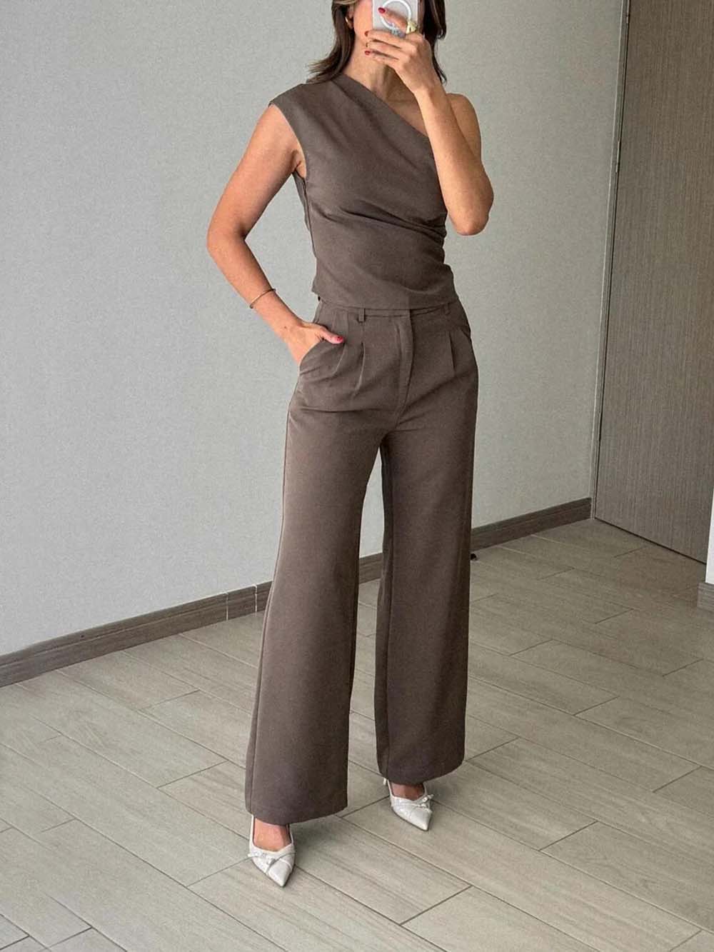 Pantalon large classique décontracté à poches froncées