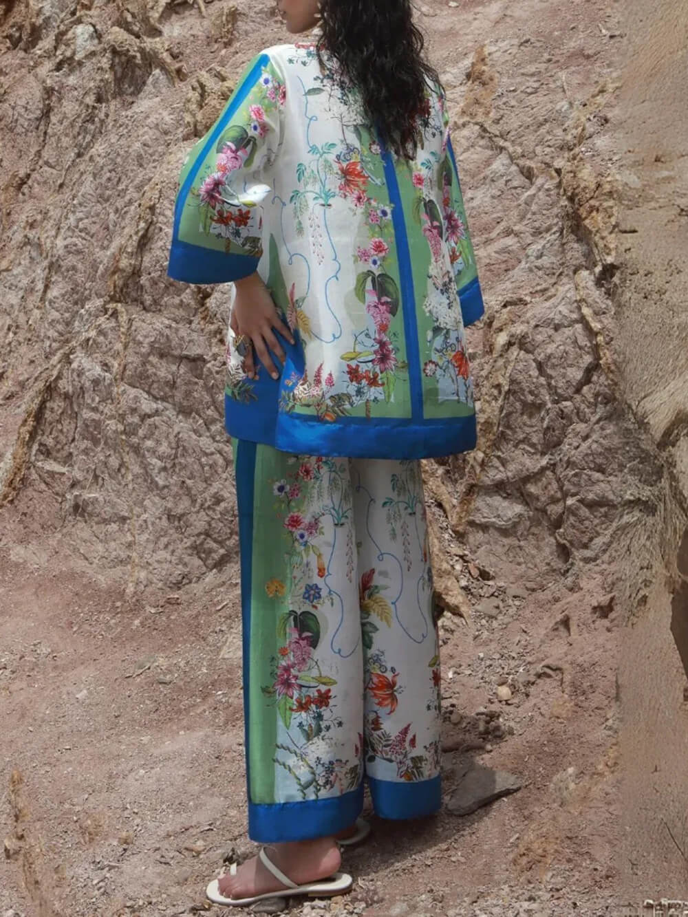 Modern Satin Floral Patchwork Wide-Leg Pants