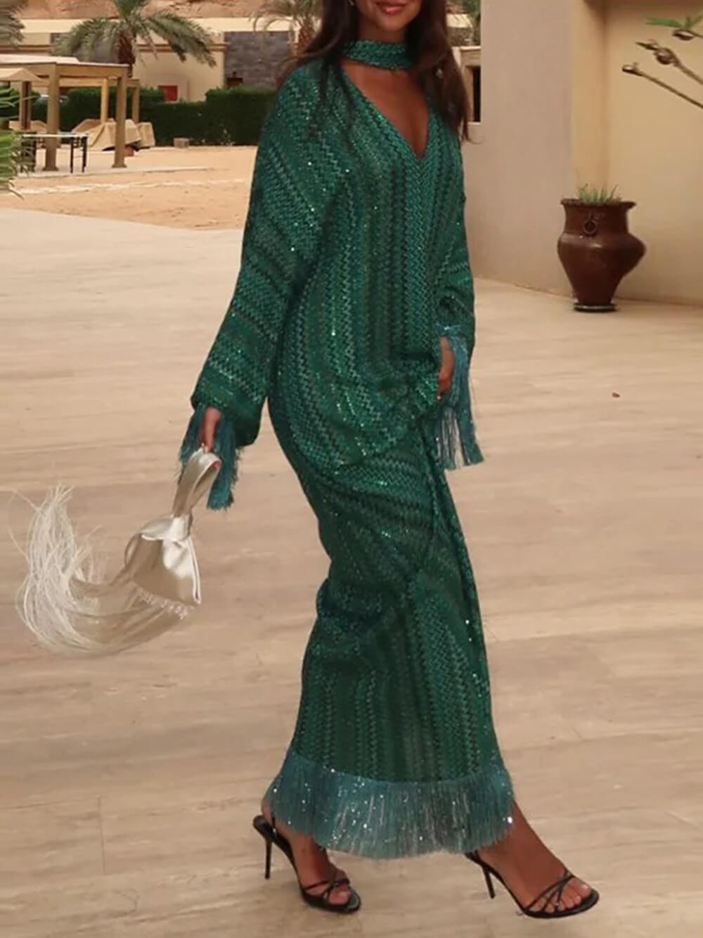 Elegant Printed V-Neck Fringe-Paneled Summer Beach Maxi Dress