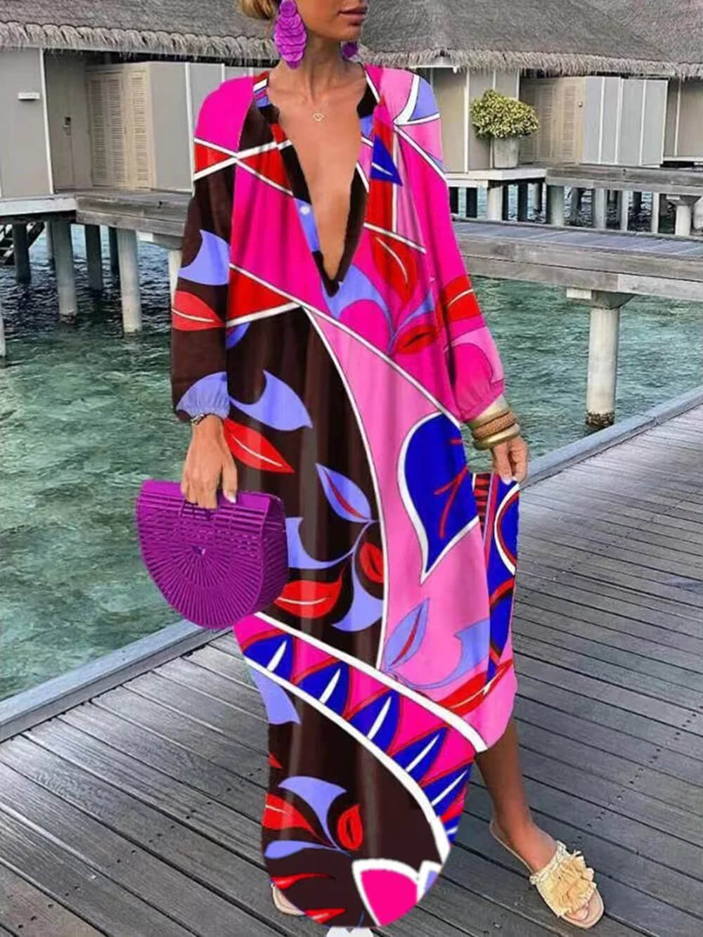 Robe longue bohème imprimée à col en V