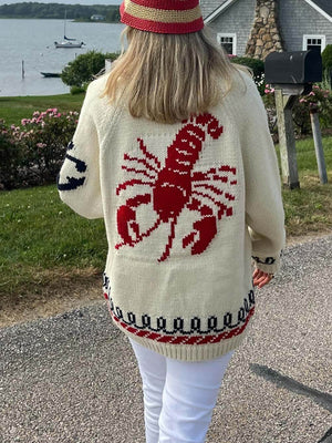 Cardigan en tricot décontracté à manches longues et imprimé homard unique et tendance