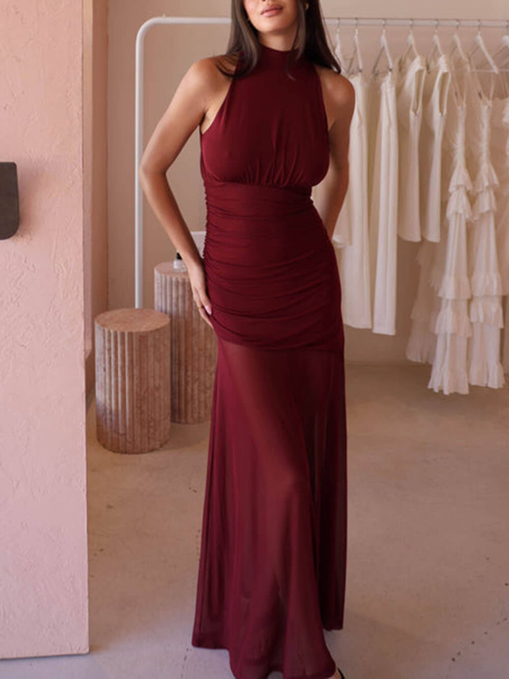 Robe longue plissée à empiècements en maille et nœud papillon style frais